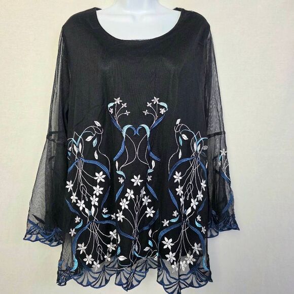 Alfani Black Embroidered Sheer Tunic Top 2X - Picture 2 of 9